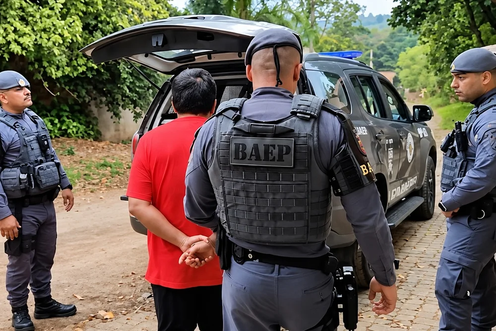 Momento em que o suspeito, investigado por tráfico de drogas e lavagem de dinheiro e por possível vínculo com o Primeiro Comando da Capital (PCC), é conduzido por policiais militares durante operação conjunta do GAECO de Piracicaba e do CPI-9.